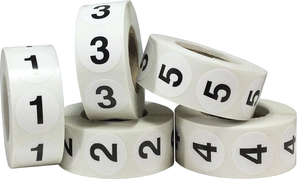 Color-coding labels with numbers 1-5 in a bulk pack , 3/4 inch size, 500 per roll, 2,500 total stickers.