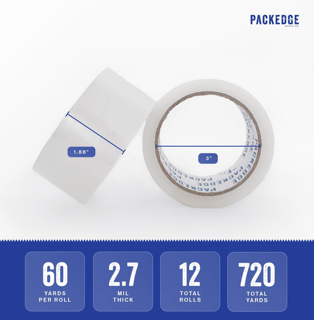 Packedge Clear Packing Tape, 12 Rolls, 1.88 in x 60 Yd Heavy Duty Shipping