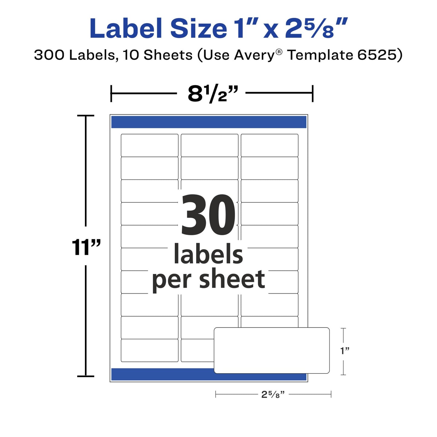 Avery Address Labels with Sure Feed and Easy Peel Technology, Glossy White Labels, 1" x 2-5/8", Permanent Adhesive, Laser/Inkjet, 300 Glossy Labels (6525) 300 labels 1" X 2-5/8"