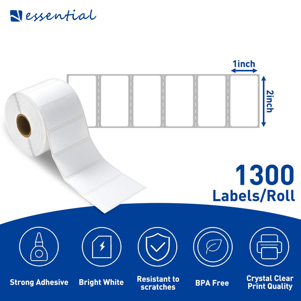 ESSENTIAL 2" x 1" Direct Thermal Barcode Labels, (1300 Labels, 1 Roll) 2"x1"