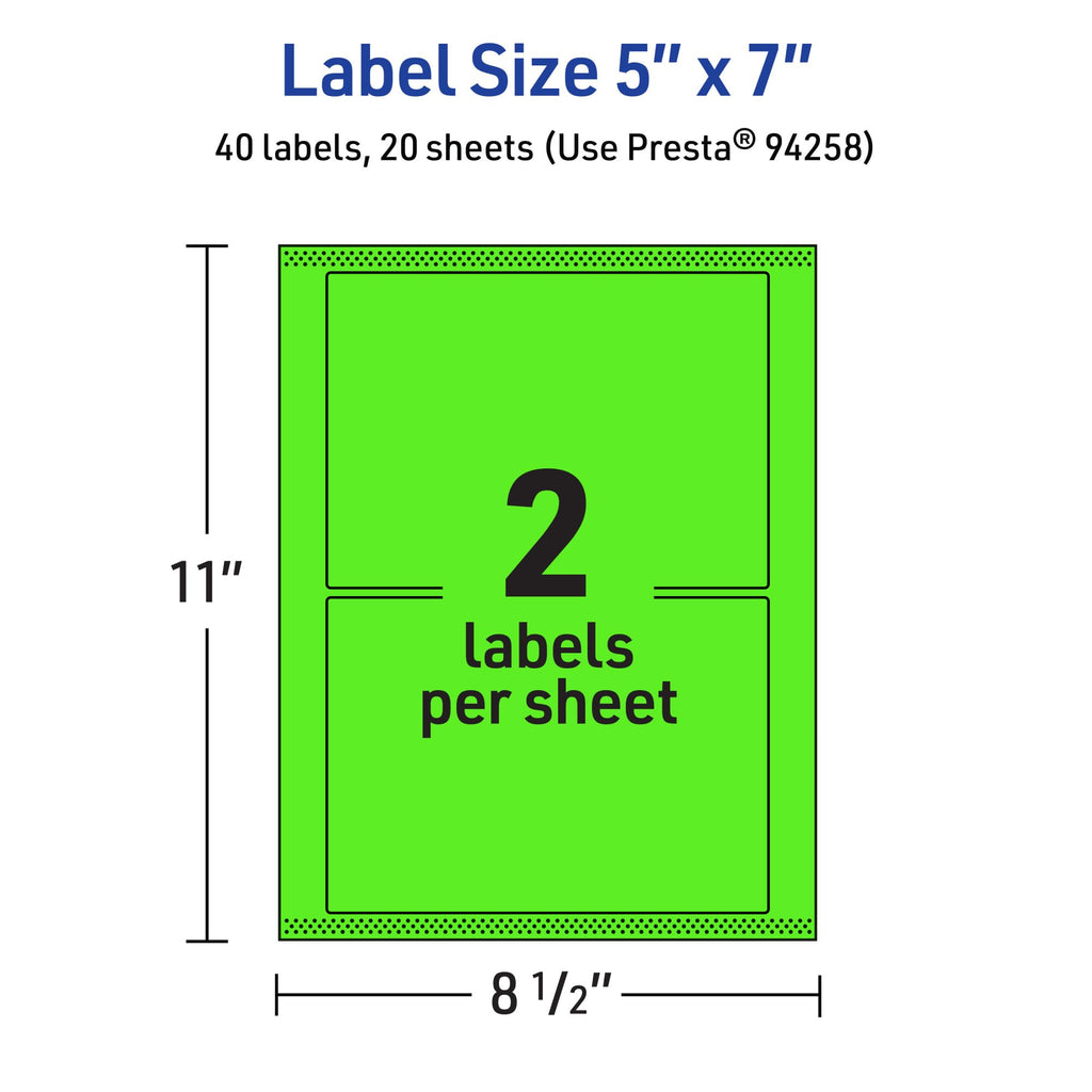 Avery® Printable Rectangle Labels, Sure Feed® Technology, 5" x 7", Neon Green Labels, Laser/Inkjet Printable, 40 Total, Great for Shipping and Packaging 40 labels