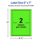 Avery® Printable Rectangle Labels, Sure Feed® Technology, 5" x 7", Neon Green Labels, Laser/Inkjet Printable, 40 Total, Great for Shipping and Packaging 40 labels