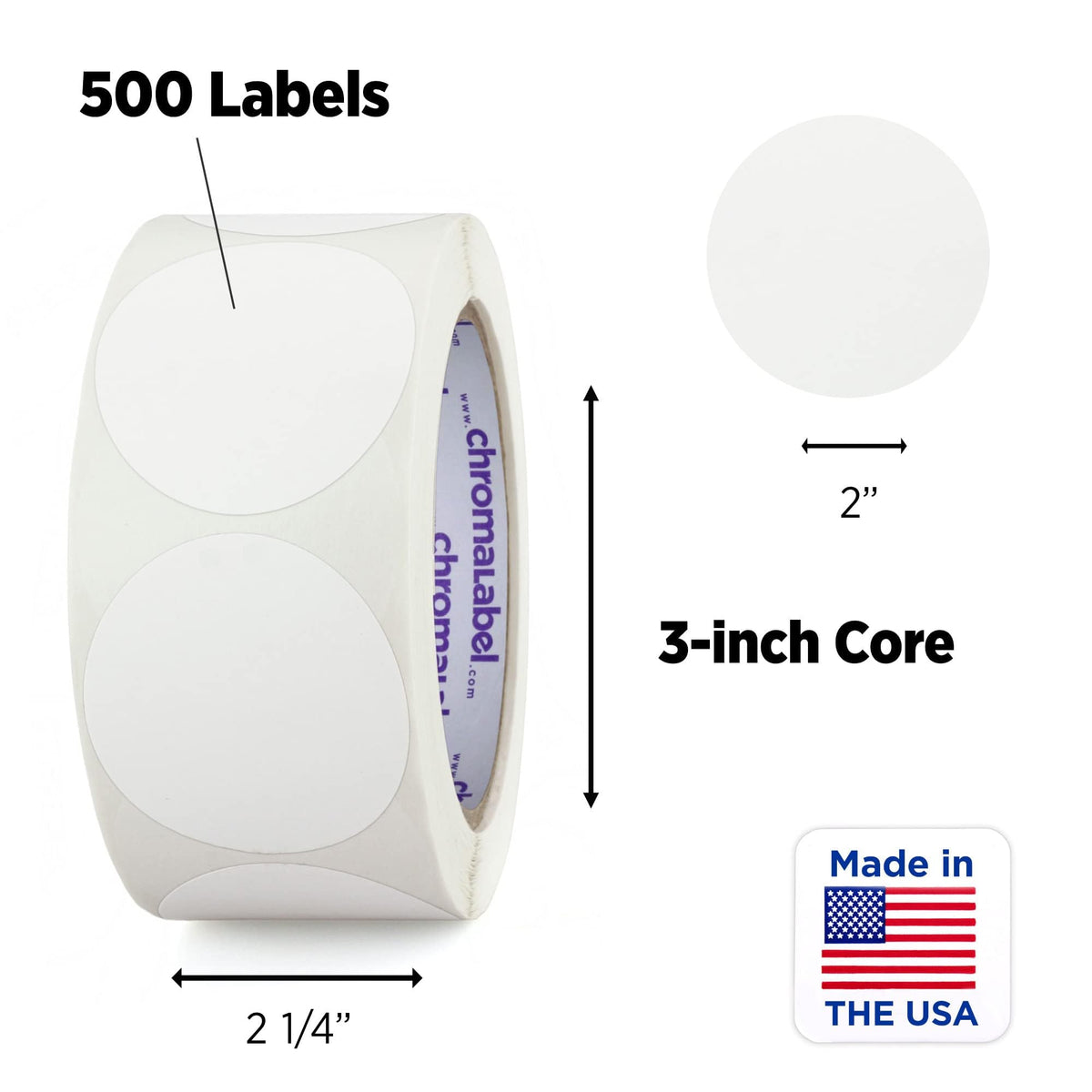 ChromaLabel 2-inch round removable color code dot stickers on white background, inventory labels for organizing, 500 per roll