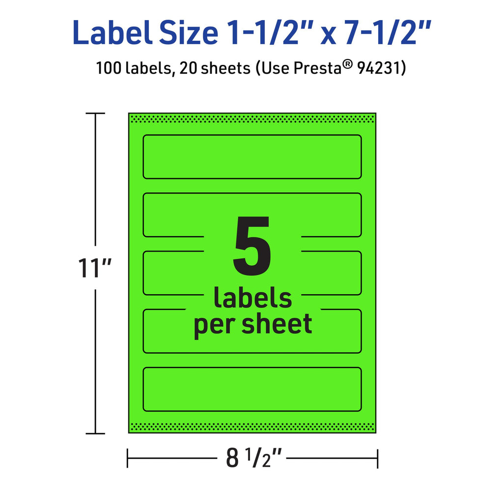 Avery Printable Rectangle Labels, Sure Feed Technology, 1-1/2" x 7-1/2", Neon Green Labels, Print-to-The-Edge, Laser/Inkjet Printable, 100 Total, Great for Candles and Jars 100 labels