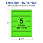 Avery Printable Rectangle Labels, Sure Feed Technology, 1-1/2" x 7-1/2", Neon Green Labels, Print-to-The-Edge, Laser/Inkjet Printable, 100 Total, Great for Candles and Jars 100 labels
