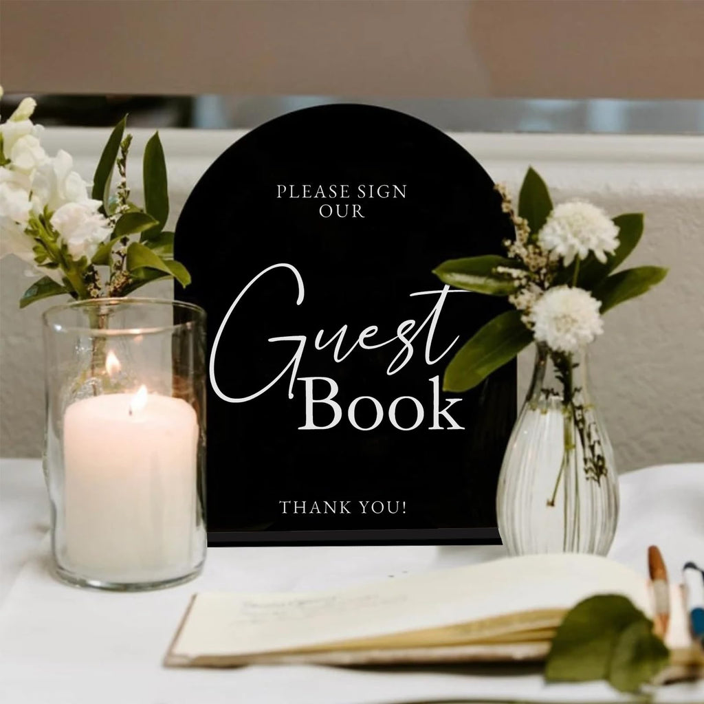 Black Arch Acrylic Guest Book Sign with Stand 8"x10"