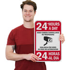 SmartSign 18 x 12 inch “24 Hours A Day - Video Camera Surveillance, No Trespassing, Vigilancia Por Video” Bilingual Metal Sign, 63 mil Laminated Rustproof Aluminum, Red, Black and White 18" x 12"
