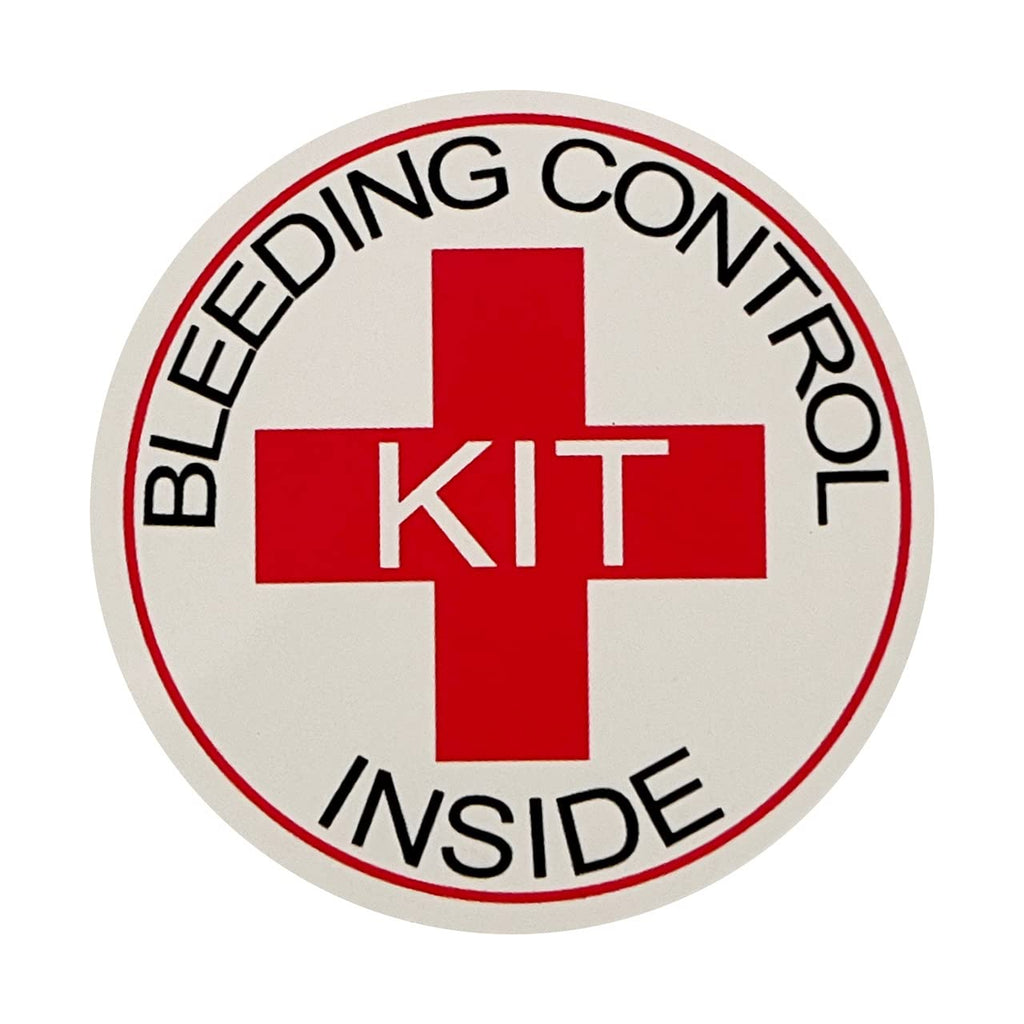 Rescue Essentials bleeding control designation stickers, 5-pack, medication labels with red cross symbols for emergency first aid.