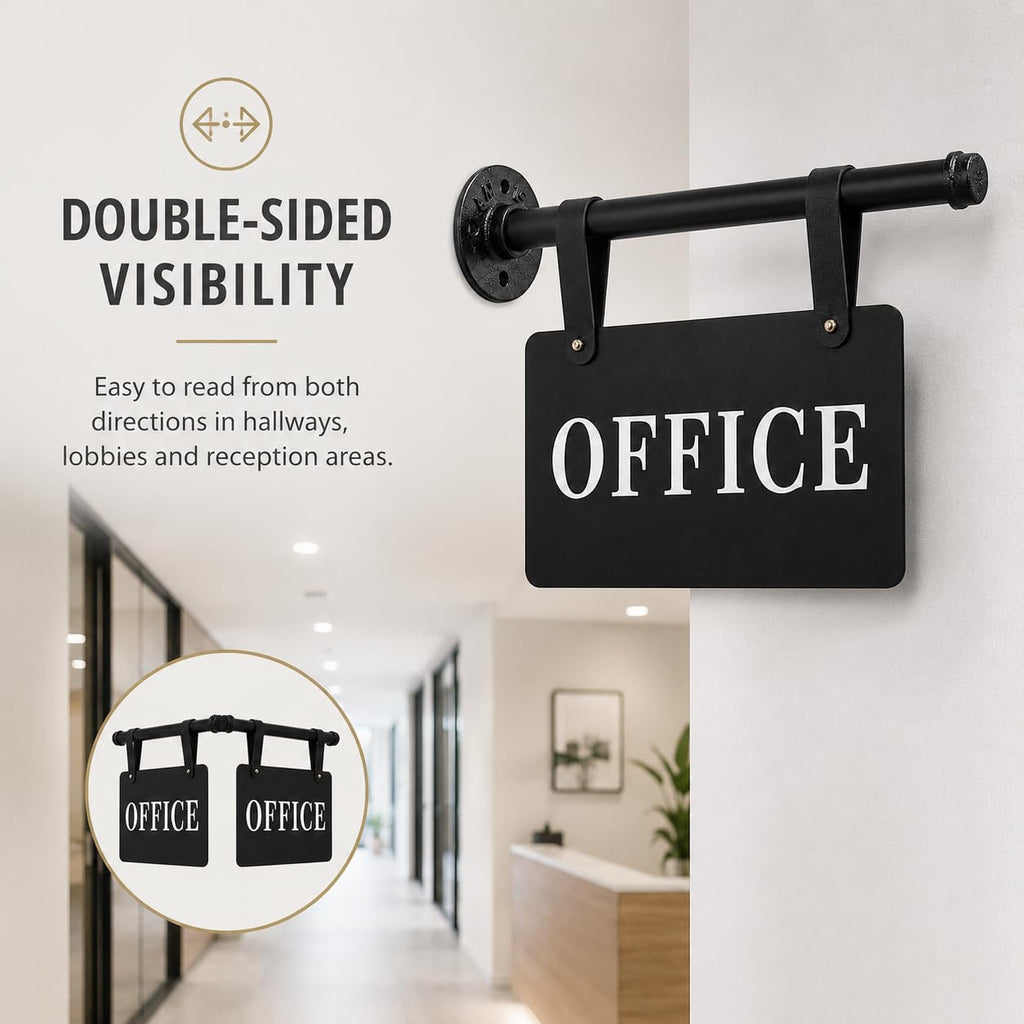 Double Sided Office Sign for Wall Decor with Black Hanging Bracket