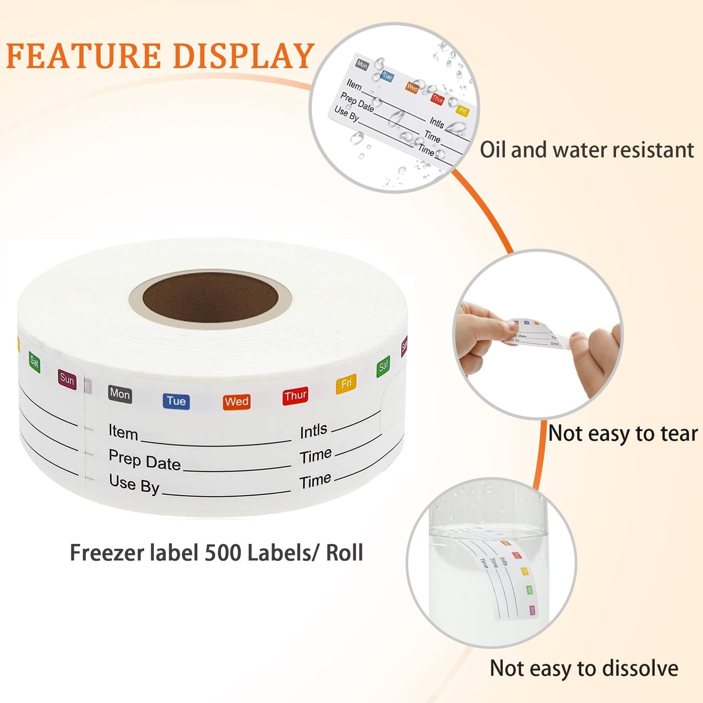 Removable Freezer Labels, 300 Pcs Food Storage Labels, Waterproof Oil Resistant Easy Clean Writable Date Stickers for Containers, Mason Jar, Bottle (300 pcs/roll)