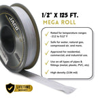 JACO ThreadPro High-Density Thread Seal Tape - 1/2" x 125 ft. (Mega Roll) | Professional PTFE Pipe Sealant | Plumbers Tape 1/2" x 125 ft (1-Pack)