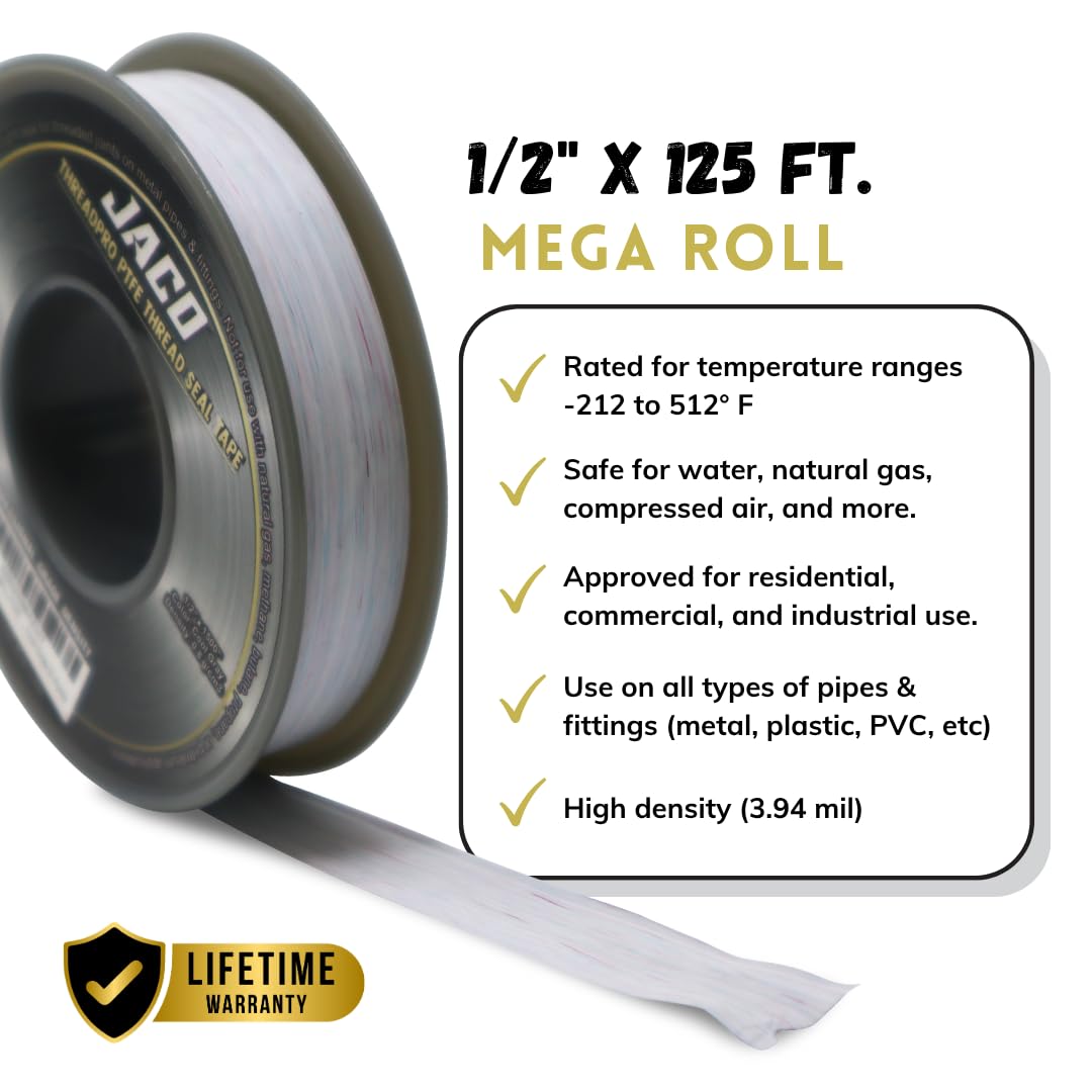 JACO ThreadPro High-Density Thread Seal Tape - 1/2" x 125 ft. (Mega Roll) | Professional PTFE Pipe Sealant | Plumbers Tape 1/2" x 125 ft (1-Pack)