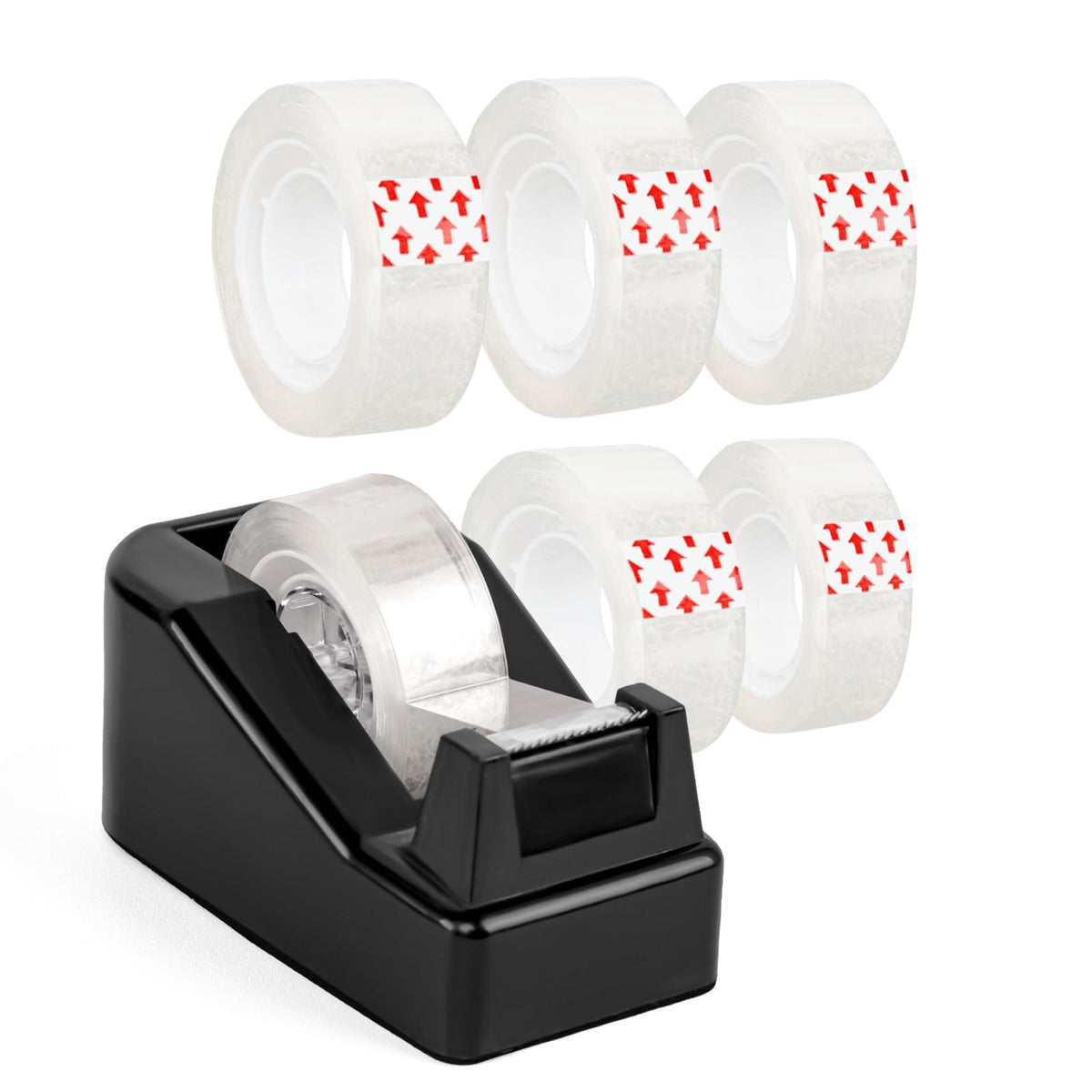 Desktop Tape Dispenser Black with Weighted Nonskid Base - Includes 6 Rolls of Transparent Tape (0.71 Inch x 1000 inches Each) Black (6pcs Tape)