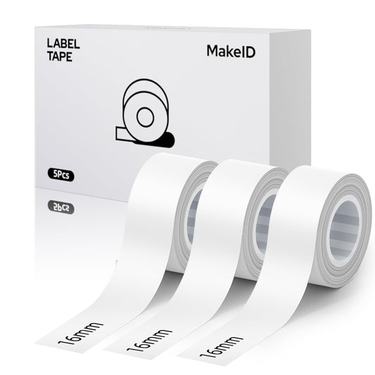 MakeID L1 E1 Q1 Label Maker Tape Refills, 3-Roll 16mm x 4m (0.63" x 13') Continuous Consumables Thermal Laminated Office Labeling Tape Replacement 3 White