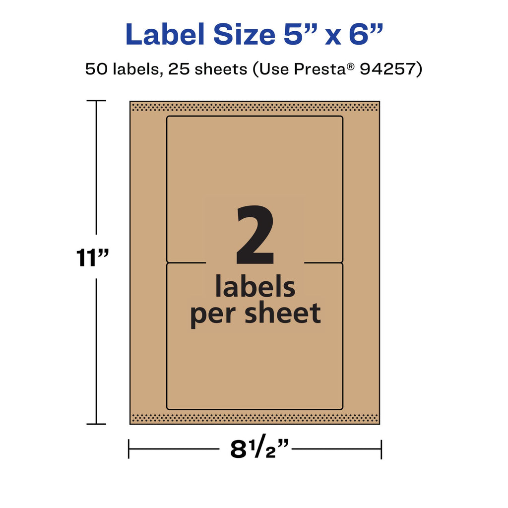 Avery® Kraft Brown Rectangle Labels, Sure Feed® Technology, 5" x 6", 50 Kraft Brown Labels, Laser/Inkjet Printable 50 labels