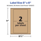 Avery® Kraft Brown Rectangle Labels, Sure Feed® Technology, 5" x 6", 50 Kraft Brown Labels, Laser/Inkjet Printable 50 labels