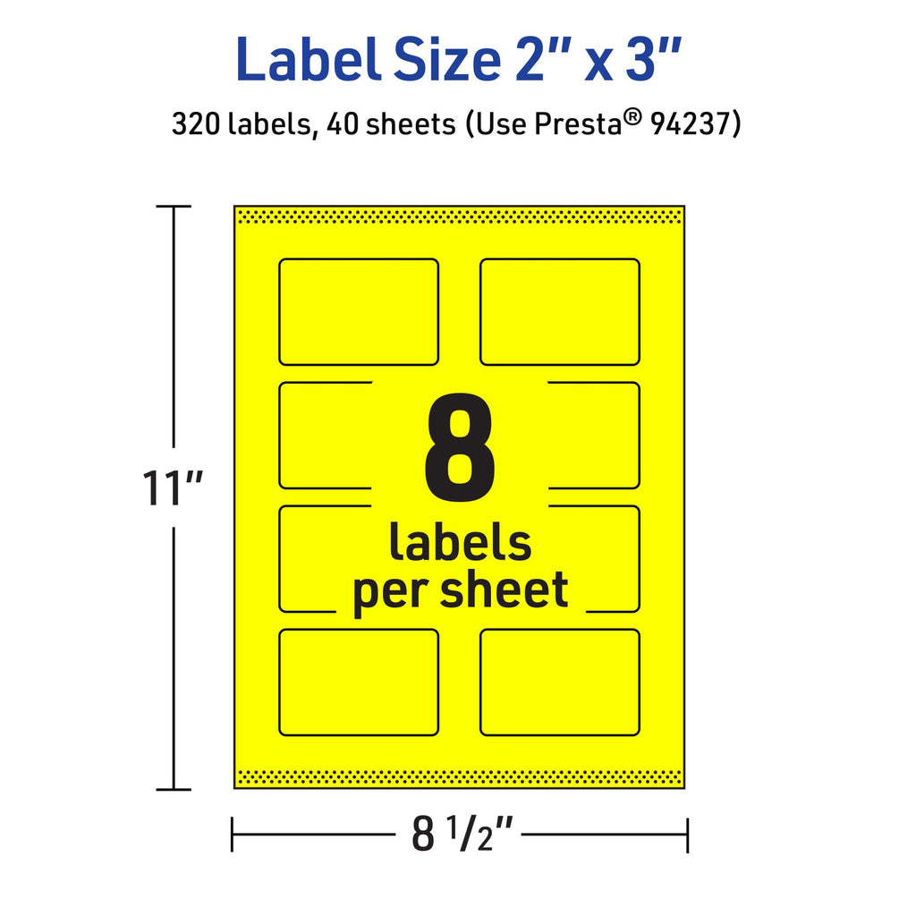 Avery Printable Rectangle Labels, Sure Feed Technology, 2" x 3", Neon Yellow Labels, Print-to-The-Edge, Laser/Inkjet Printable, 320 Total, Great for Mailing and Candles