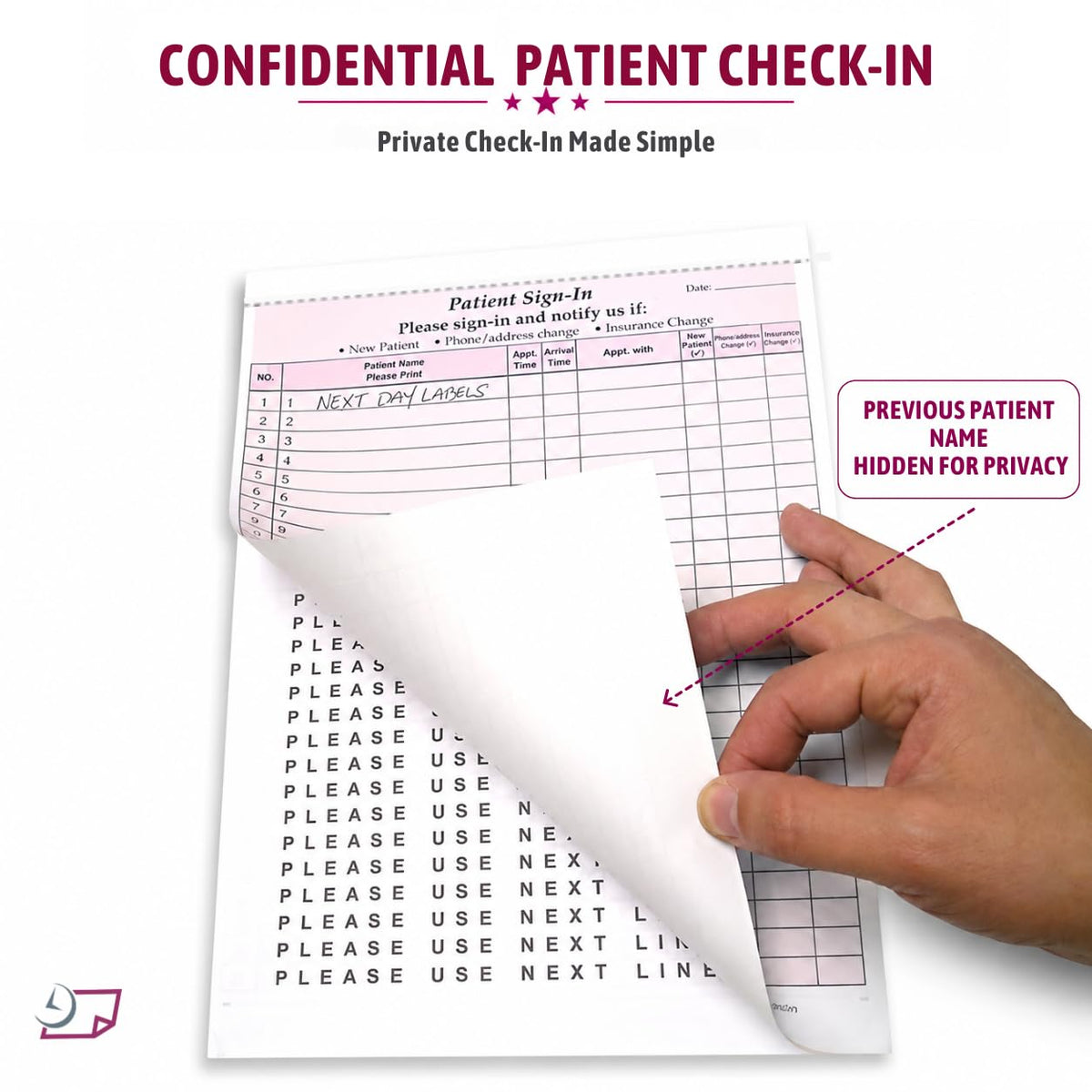 NextDayLabels Patient Sign-in Sheet, 3-Part, Made in USA, Burgundy, 25 Sets