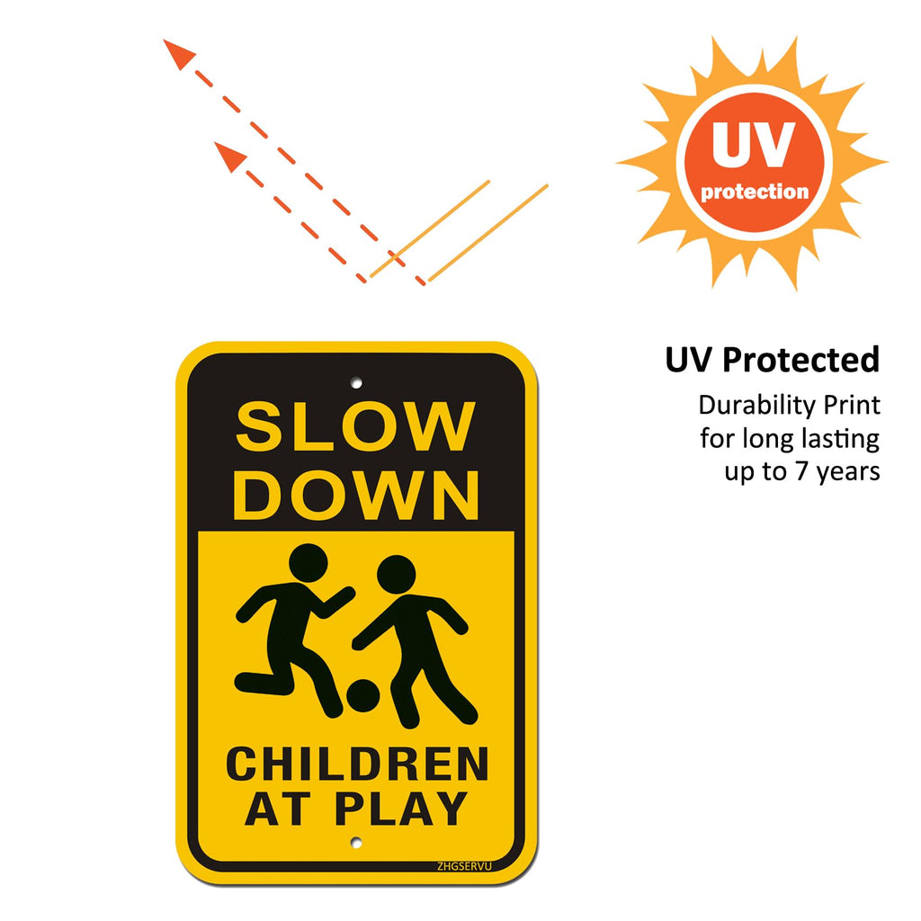 Slow Down Children at Play Signs 2-Pack, Reflective Metal Children Playing Safety Signs, 18” x 12” Rust Free Aluminum, UV Protected Neighborhood Street Caution Safety Yard Signs children at play 02