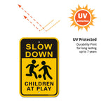 Slow Down Children at Play Signs 2-Pack, Reflective Metal Children Playing Safety Signs, 18” x 12” Rust Free Aluminum, UV Protected Neighborhood Street Caution Safety Yard Signs children at play 02