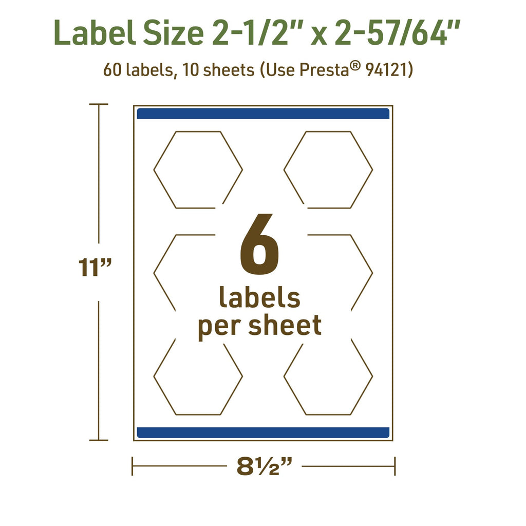 Avery Dissolvable Hexagon Labels, Sure Feed Technology, 2-1/2" x 2-57/64", Matte White, Print-to-The-Edge, Laser/Inkjet Printable, 60 Labels Total