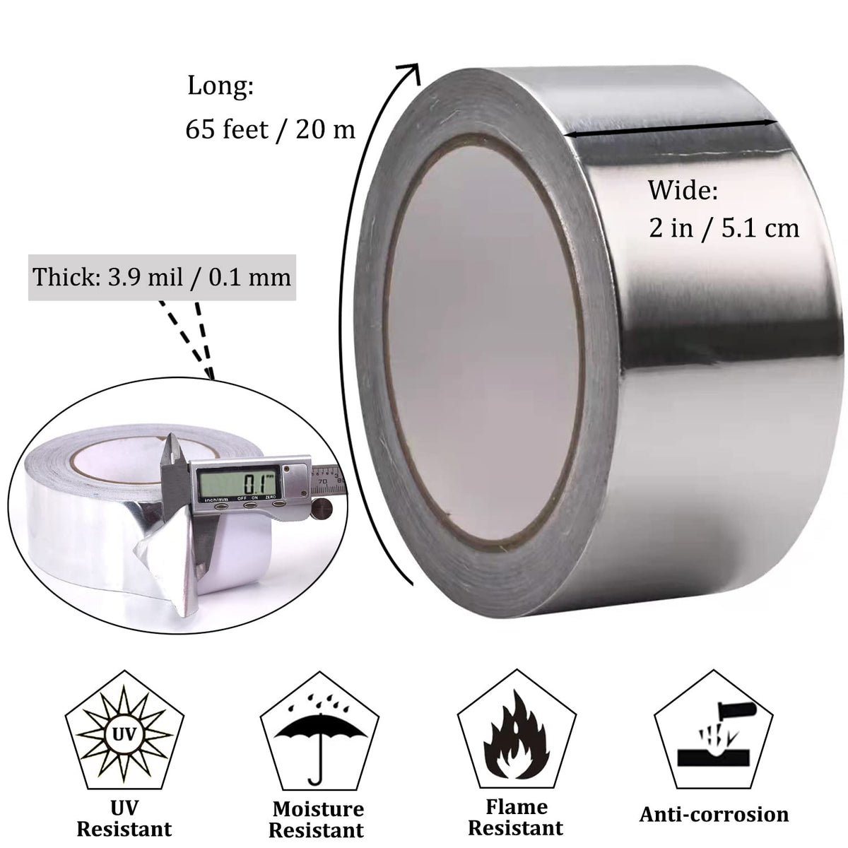 Aluminum Foil Duct Tape Heavy Duty Waterproof, Premium Silver Metal HVAC Heat Tapes (2"*65Feet,3.9mil), High Temperature, Dryer Vent Insulation Tape for Ductwork, Ducting, Sealing, Patching, Furnace 1-Pack
