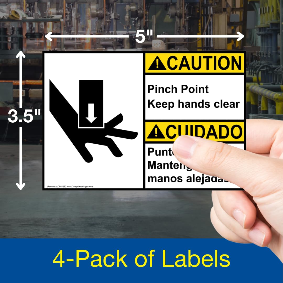 ComplianceSigns.com CAUTION Pinch Point Keep Hands Clear ANSI Bilingual Safety Label Decal, 5x3.5 inch 4-Pack Vinyl for Machinery