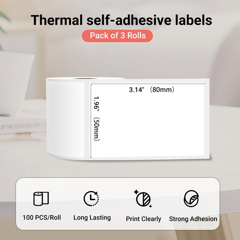 Universal Thermal Labels for 2&3 Inch Label Printers, 50×80mm, White 1.96"x3.15"