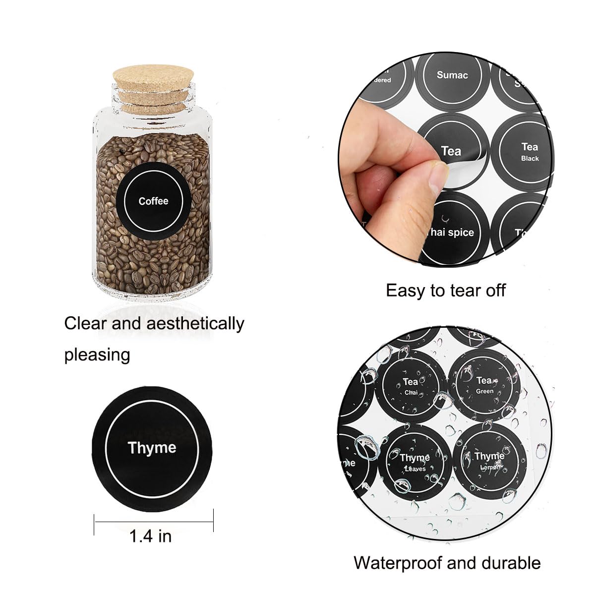 Spice Labels, 432Pcs Spice Labels Stickers 1.4in Waterproof Adhesive Round Preprinted Spice with Blank Labels Black Tear Resistant Sticker for Kitchen Jars Caps Food Containers Spice Organizers 12 Sheets