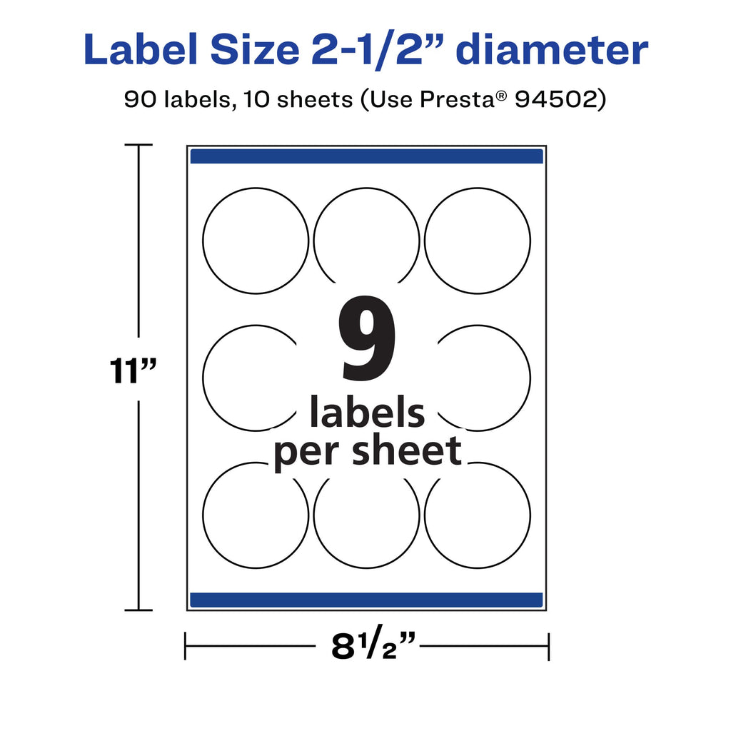 Avery Printable Durable White Round Labels, Sure Feed Technology, 2.5" Diameter, Print-to-the-Edge, Waterproof Labels, Laser & Pigment-Based Inkjet Compatible, 90 Total 2-1/2" Diameter 90 Count (10 Packs of 9)