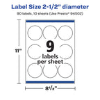 Avery Printable Durable White Round Labels, Sure Feed Technology, 2.5" Diameter, Print-to-the-Edge, Waterproof Labels, Laser & Pigment-Based Inkjet Compatible, 90 Total 2-1/2" Diameter 90 Count (10 Packs of 9)