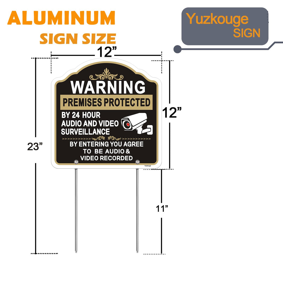 2 Pack Warning Premises Protected By 24 Hour Audio and Video Surveillance Sign with Stake, 12” x 12” aluminum No Trespassing sign for House Lawn Business.