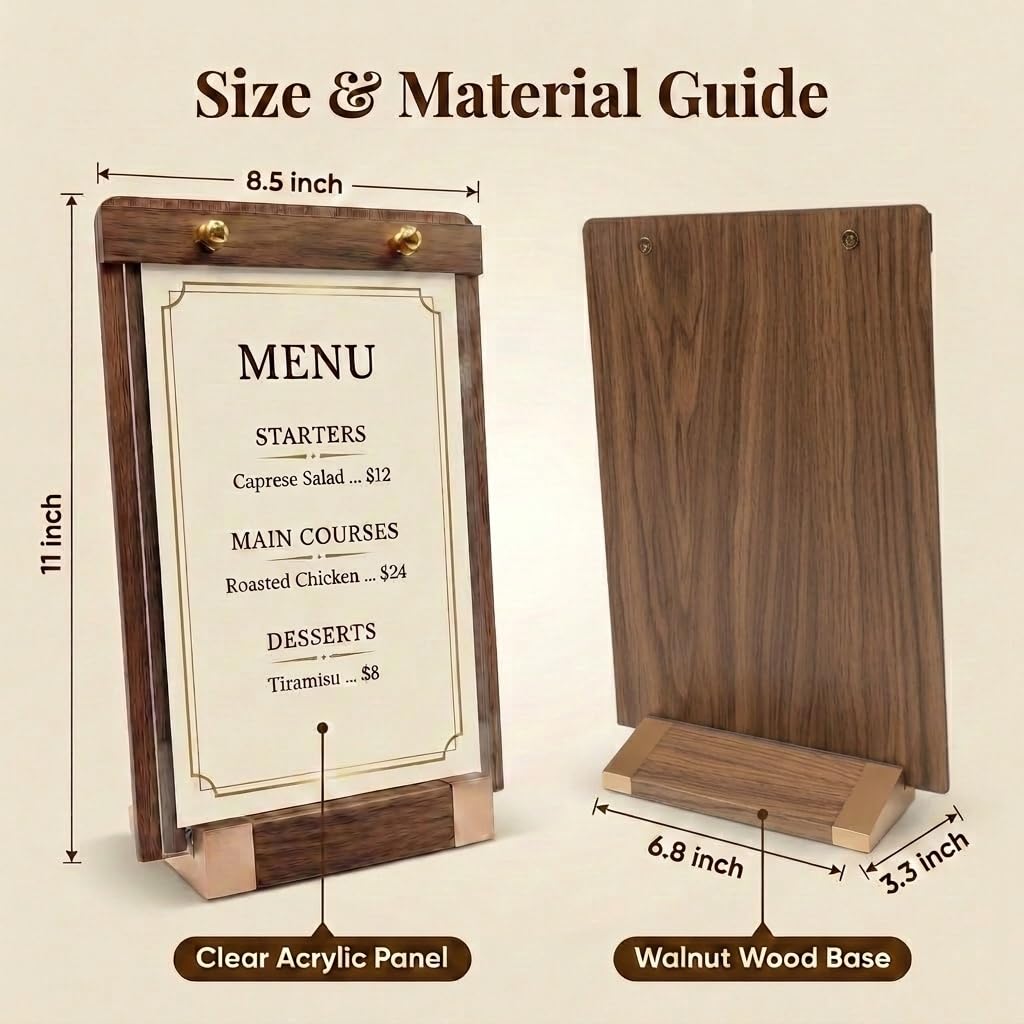 1 Pack Classy Sign Holder 8.5 x 11 with Slanted Wooden Base, Vertical Countertop Menu Display Stand for Coffee Shop, Bakery, Retail, Wedding 8.5x11, 1 Pack