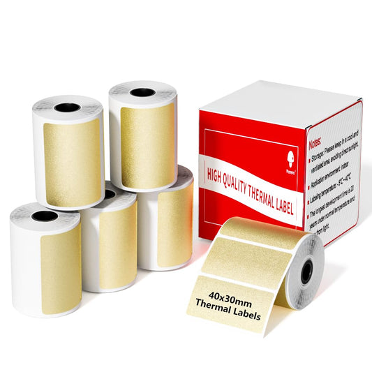 6-Roll • M110 Printer Gold Labels • Thermal Self-Adhesive Label • Compatible with Phomemo M110/M220/M221/M200 Printer • Black on Gold • 40x30mm • 1380/6Roll