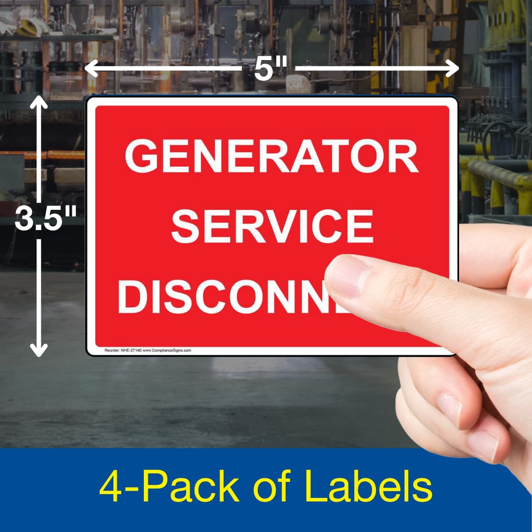 ComplianceSigns.com Generator Service Disconnect Label Decal, 5x3.5 in. 4-Pack Vinyl for Electrical 5" x 3.5" - 4 Pack Adhesive Vinyl