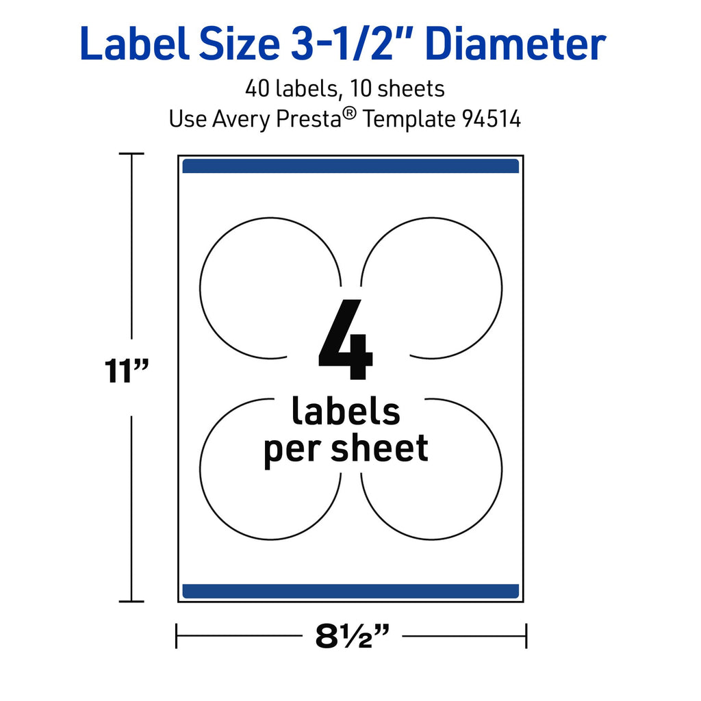 Avery Outdoor Waterproof Round Labels with Sure Feed Technology, 3.5" Diameter, White Film, Print-to-the-Edge, Compatible with Laser Printers, 40 Labels Total