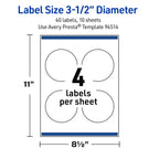 Avery Outdoor Waterproof Round Labels with Sure Feed Technology, 3.5" Diameter, White Film, Print-to-the-Edge, Compatible with Laser Printers, 40 Labels Total