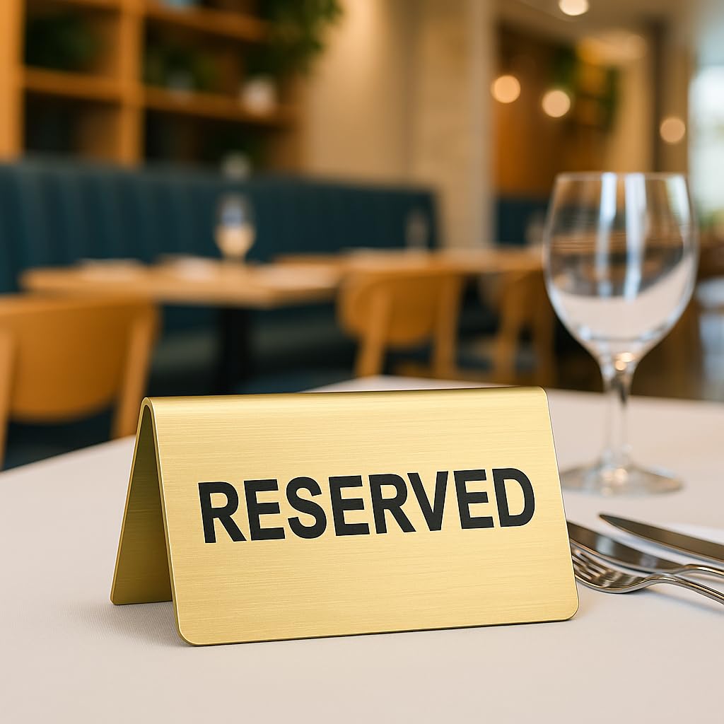 Stainless Steel Reserved Table Sign, Set of 6, 2.36 x 3.94 Inch Tent-Style Signs, Brushed Gold Metal, Durable and Easy to Read for Restaurants, Cafes, Hotels, Weddings, and Events (Gold)