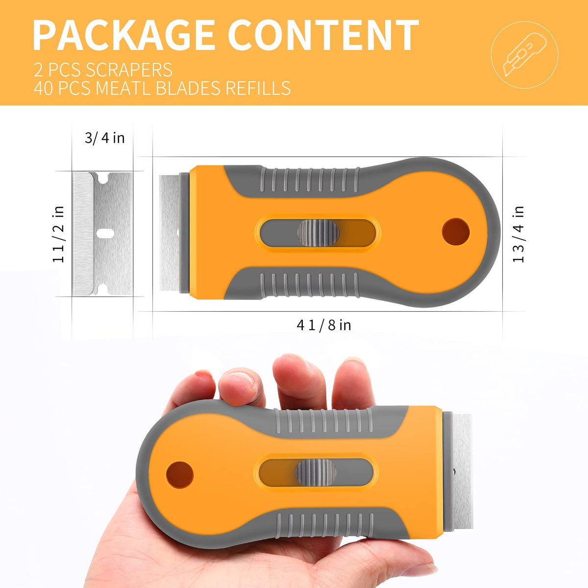 DEKEones plastic razor blade scraper with retractable design, 20 extra blades, used for removing stickers and paint from windows and metal surfaces.