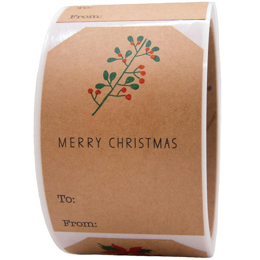 Mistletoe Holiday Gift Tags – 2 x 3 Inch Adhesive Labels with 4 Festive Mistletoe & Holly Designs – 100 Eco-Friendly Kraft Tags, Permanent Adhesive, Made in The USA
