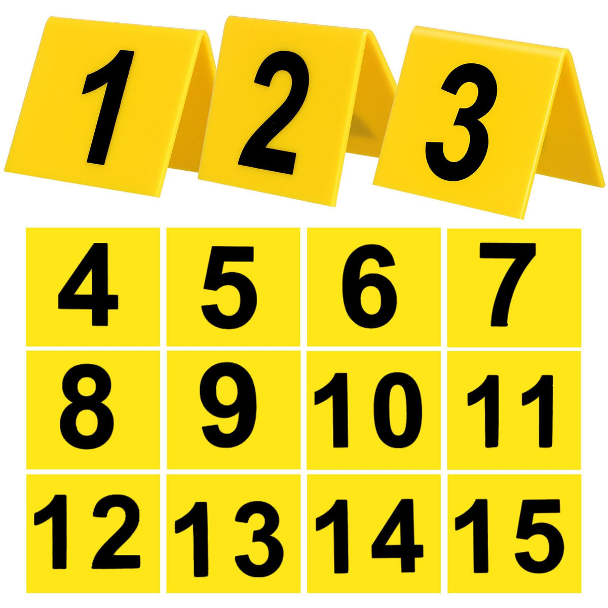 SEWACC 15 Pcs Acrylic Table Number Cards, Sturdy Plastic Yellow Restaurant Place Cards with Black Numbers 1-15, High Visibility Table Tents for Cafes And Banquets, Seating Markers