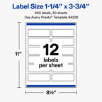 Avery Matte White Rectangle Labels, Sure Feed Technology, 1.25" x 3.75", 600 Matte White Printable Labels 600 labels