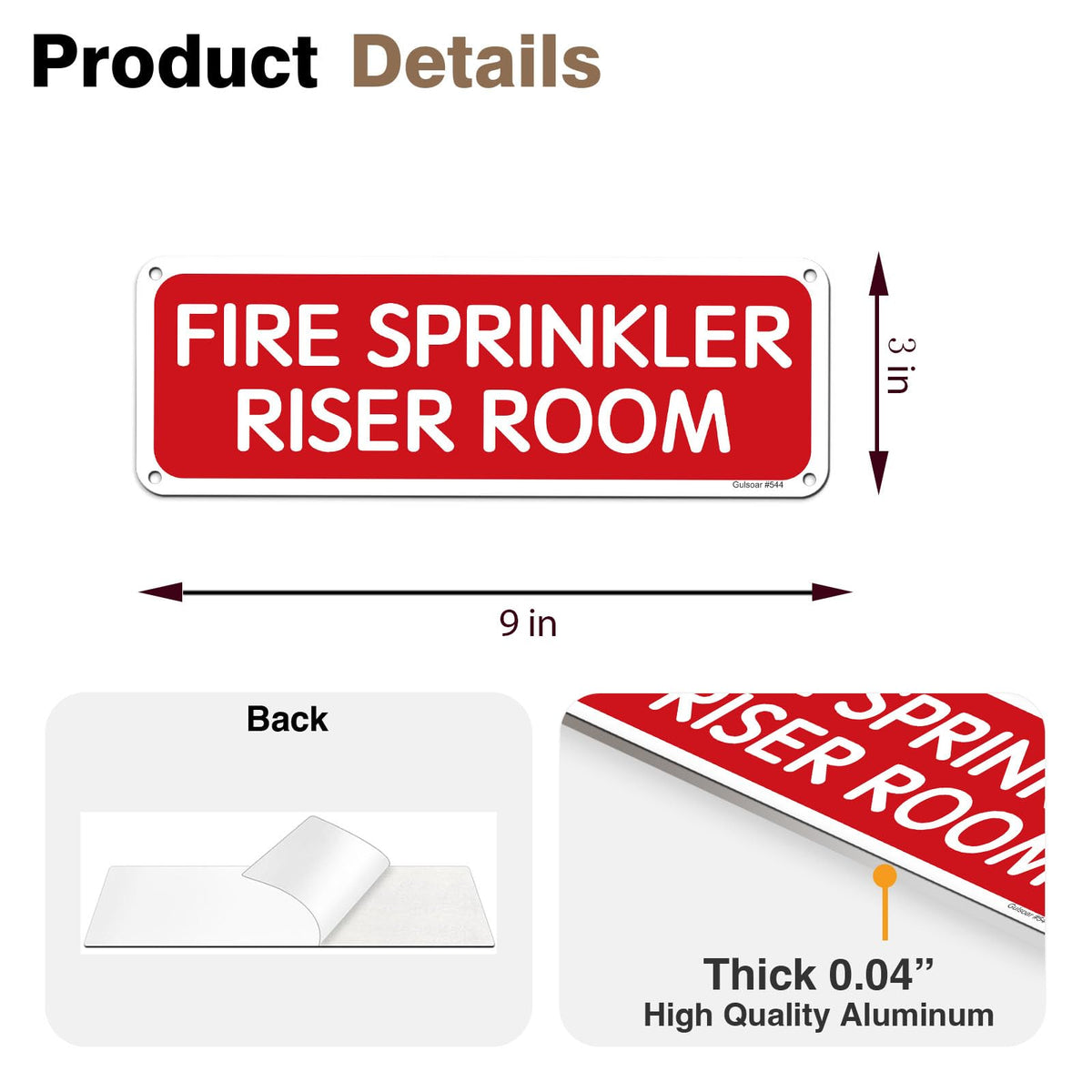 (2 Pack) 9 x 3 Inches Fire Sprinkler Riser Room Sign, Reflective Rust Free Aluminum, Self-Adhesive, Weather, Scratch, Water & Fade Resistance, Indoor & Outdoor (Red)- Large
