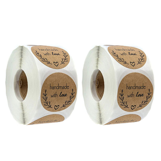 1000pcs Self Adhesive Stickers Labels Kraft Paper Handmade with Love Round Baking Stickers Labels Roll Decoration Cookie Jars Homemade Gifts Envelopes Etc