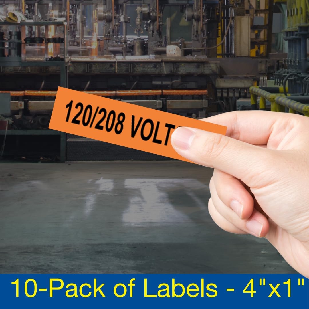 ComplianceSigns.com 120/208 Volts AC Safety Label Decal, 4x1 inch 10-Pack Vinyl for Electrical Pipe Markers, Made in USA