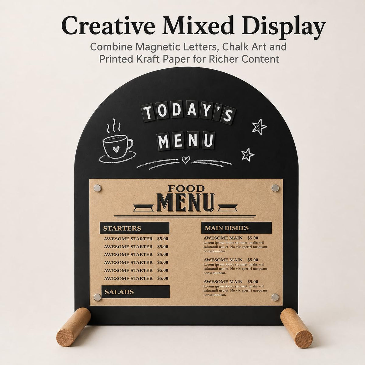 Tabletop Menu Display Stand with Magnetic Letters and Writable Board Matte Black Metal A5 Horizontal (11 × 6.7 in)