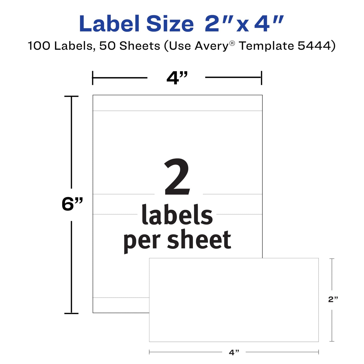 Avery Printable All-Purpose Removable Labels, 2" x 4", White Labels, Write or Print, Great for Organization Projects, 100 Customizable Blank Labels (5444) 100 labels