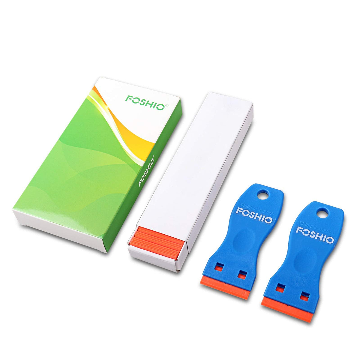 FOSHIO plastic razor blade scraper with 2 tool handles and 100 blades, ideal for removing gaskets, labels, decals, and adhesives from glass.