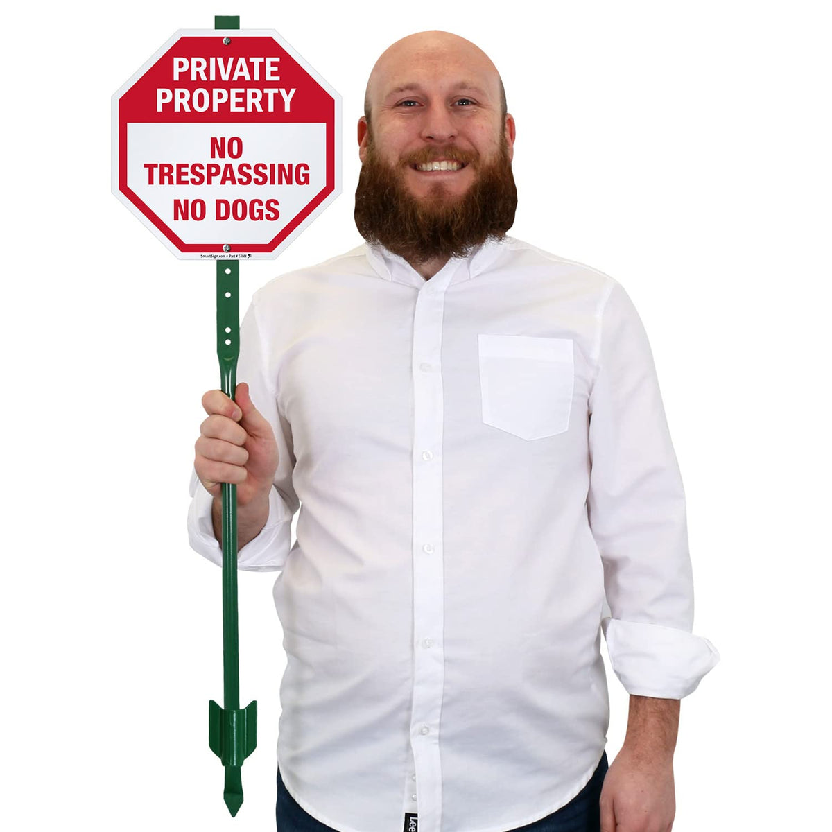 SmartSign 10 x 10 inch “Private Property - No Trespassing, No Dogs” Octagon Yard Sign with 3 foot Stake, 40 mil Laminated Rustproof Aluminum, Red and White, Set of 1