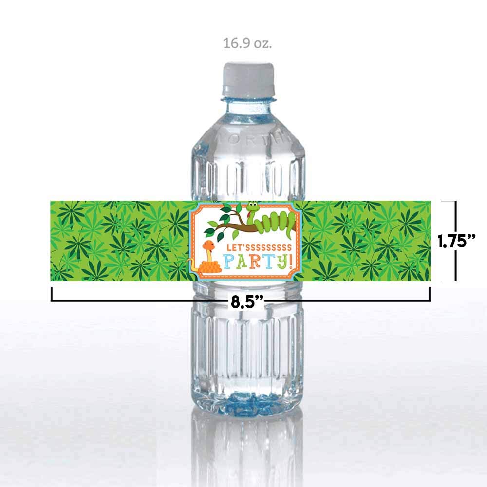 Snake Themed Birthday Party Waterproof Water Bottle Sticker Wrappers, 20 1.75" x 8.5" Wrap Around Labels by AmandaCreation